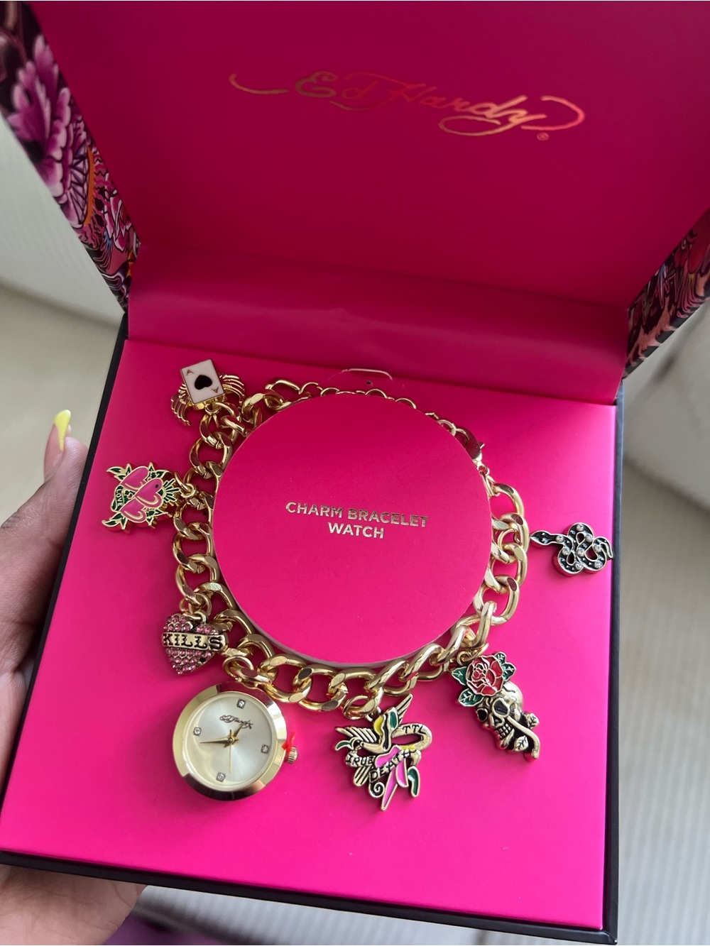 Ed Hardy Gold-tone Charm Bracelet Watch with Pink Box